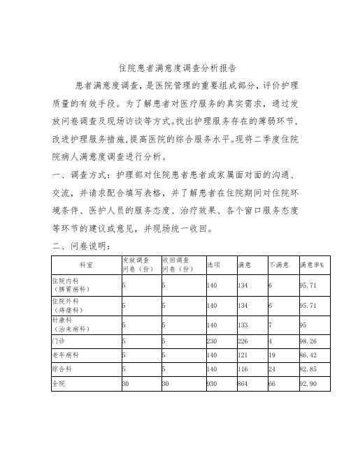 住院患者满意度调查分析报告