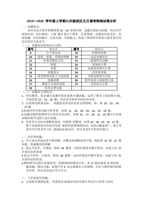 2019～2020 学年度上学期九年级武汉元月调考物理试卷分析