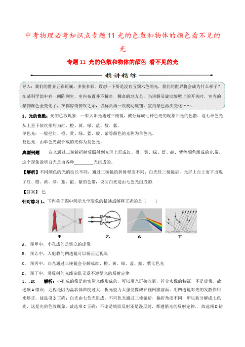 中考物理必考知识点专题11光的色散和物体的颜色看不见的光