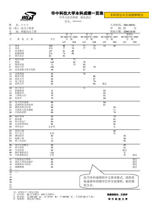 华中科技大学本科成绩一览表