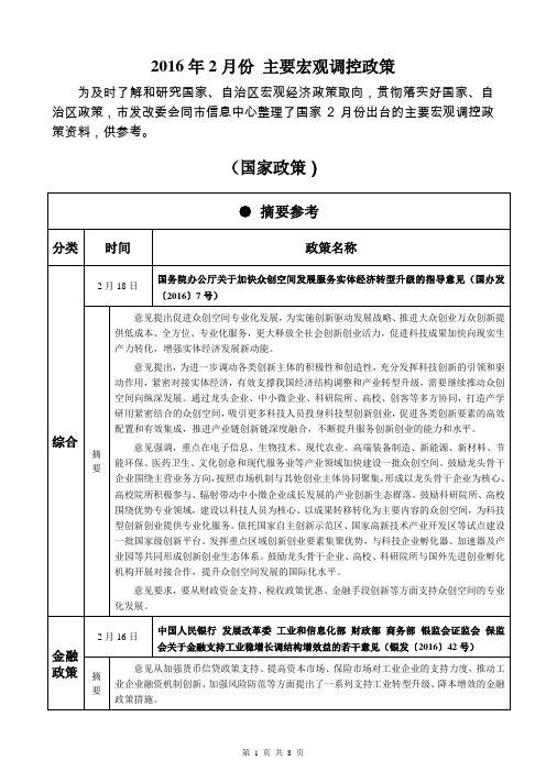 2016年2月份 主要宏观调控政策