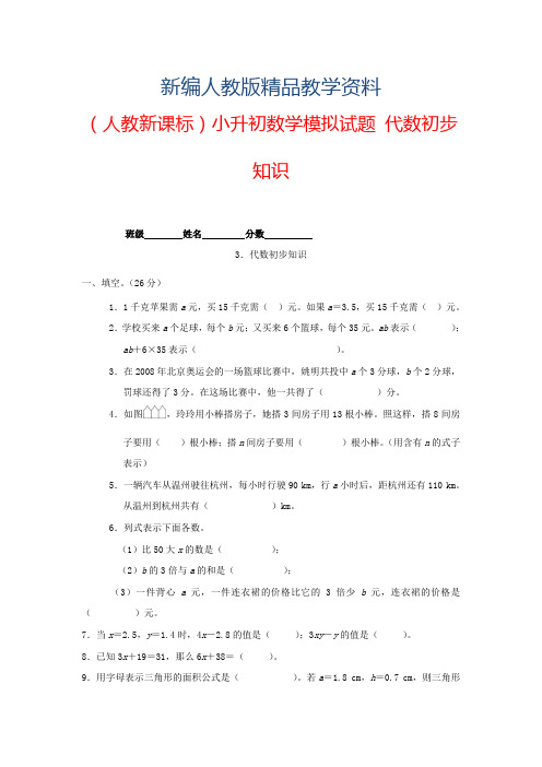 新编人教版六年级数学小升初专题练习：代数初步知识