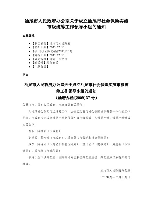 汕尾市人民政府办公室关于成立汕尾市社会保险实施市级统筹工作领导小组的通知