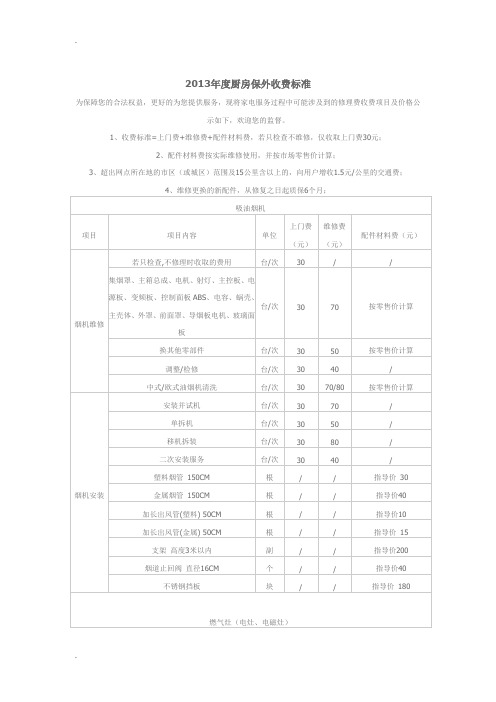 2017年度厨房保外收费标准