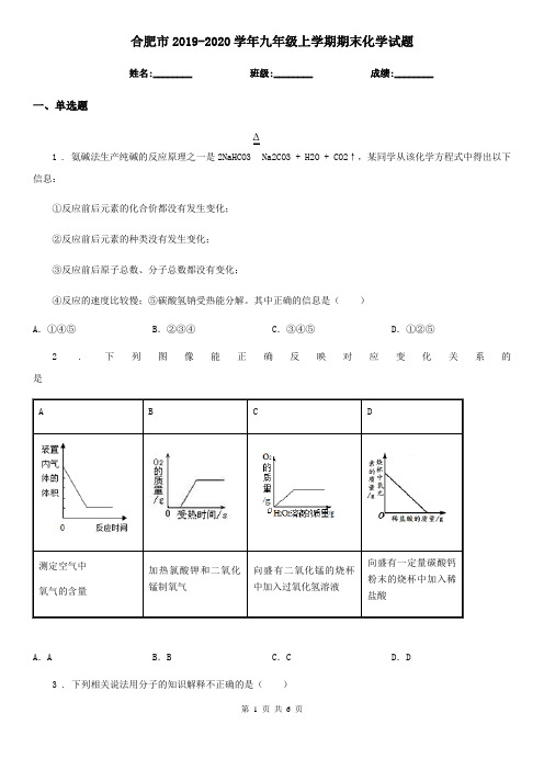 合肥市2019-2020学年九年级上学期期末化学试题(模拟)