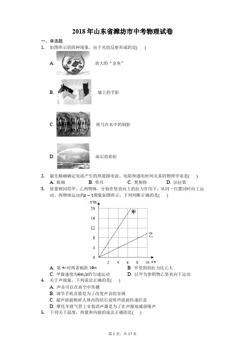 2018年山东潍坊市中考物理真word版含答案