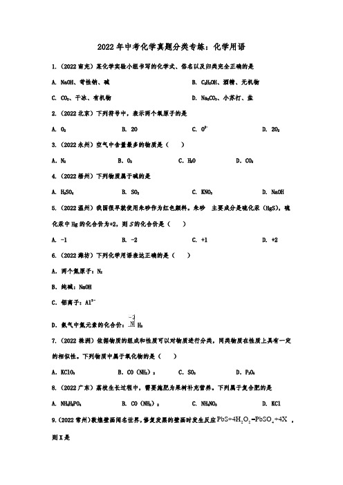 2022年中考化学真题分类专练化学用语