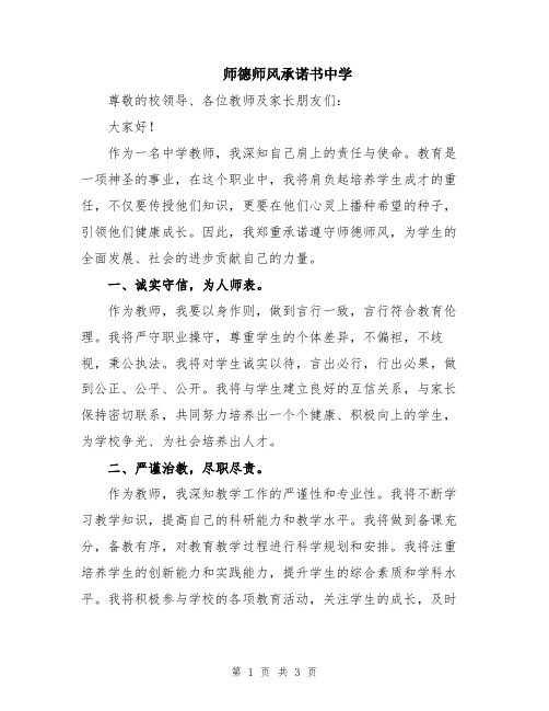 师德师风承诺书中学