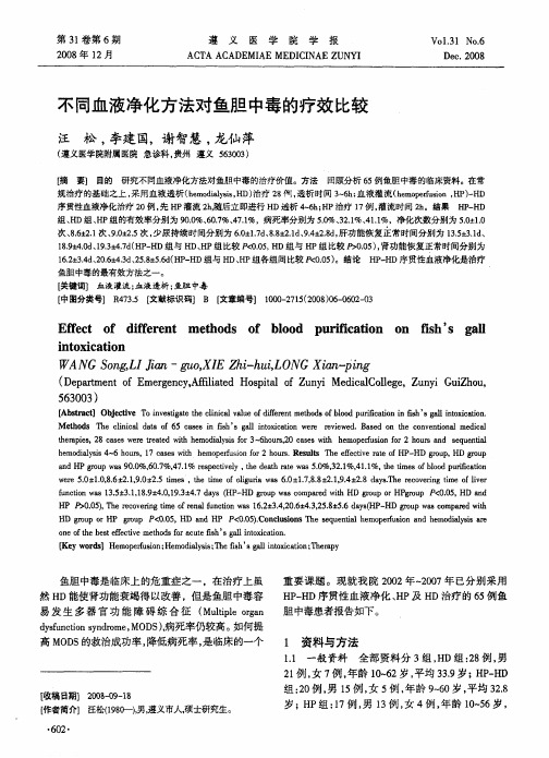 不同血液净化方法对鱼胆中毒的疗效比较