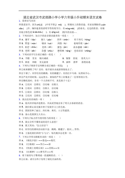 湖北省武汉市武珞路小学小学六年级小升初期末语文试卷