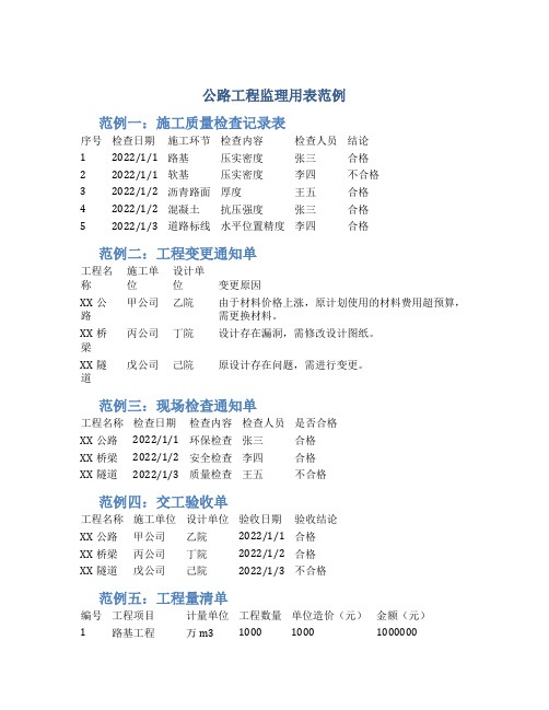 公路工程监理用表范例