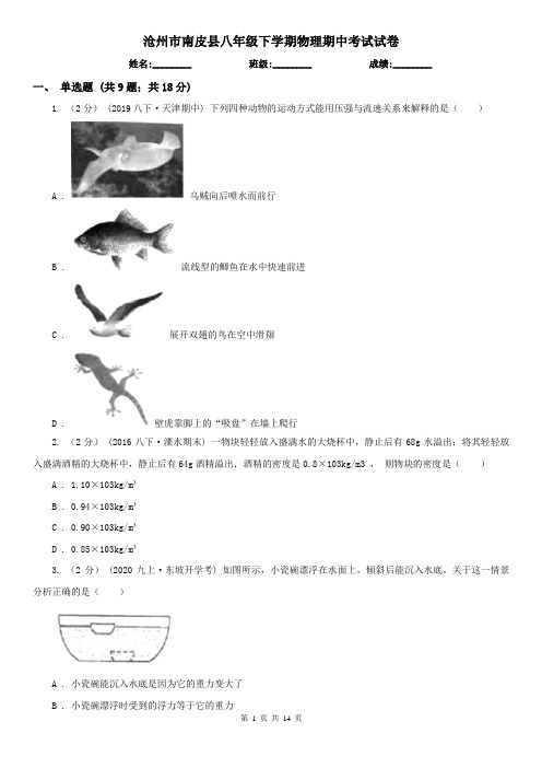 沧州市南皮县八年级下学期物理期中考试试卷