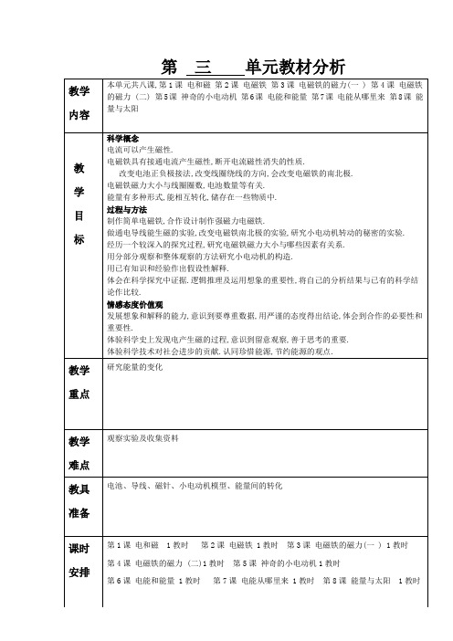 教科版科学六年级上册教案第三单元教学计划