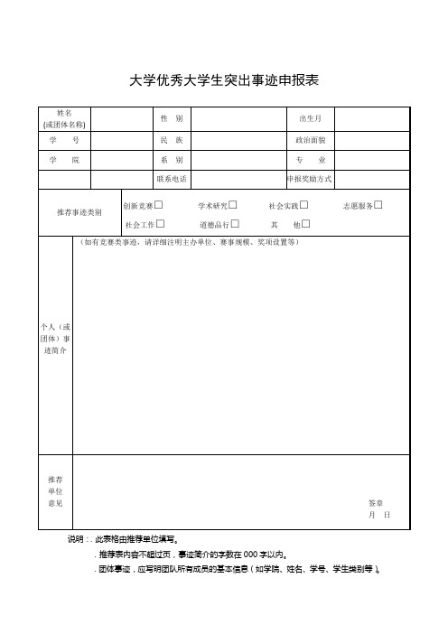 大学09优秀大学生突出事迹申报表