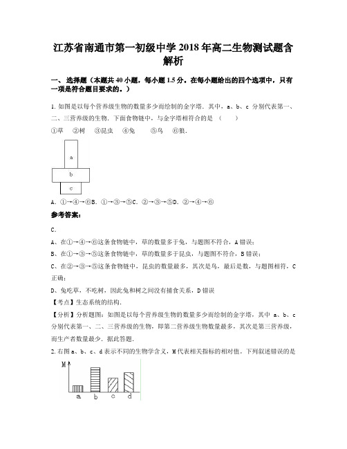 江苏省南通市第一初级中学2018年高二生物测试题含解析