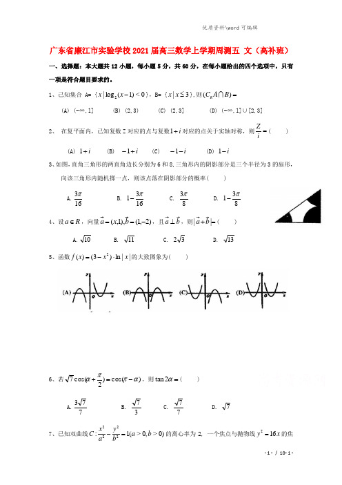 广东省廉江市实验学校2021届高三数学上学期周测五 文(高补班).doc