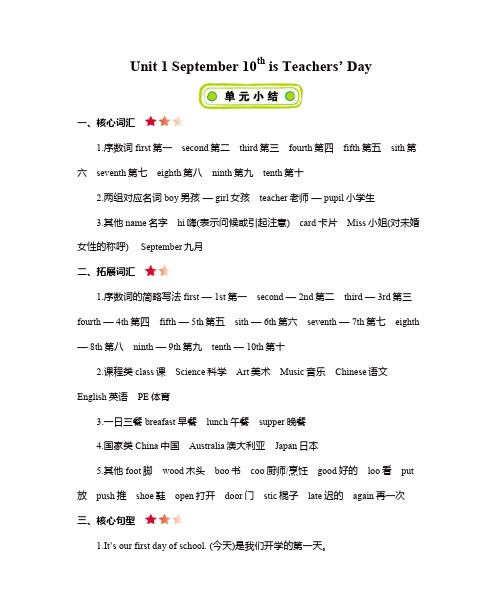 三年级上册英语素材-Unit 1 September 10th is Teachers’ Day知识清单北京课改版【精品】