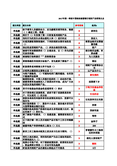 2019年第1季度中国邮政储蓄银行理财产品销售从业人员资格考试正式考试最新题库