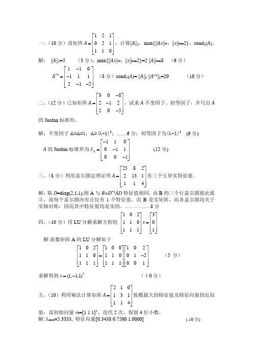 2013南理工硕士矩阵分析与计算试卷解答及评分标准