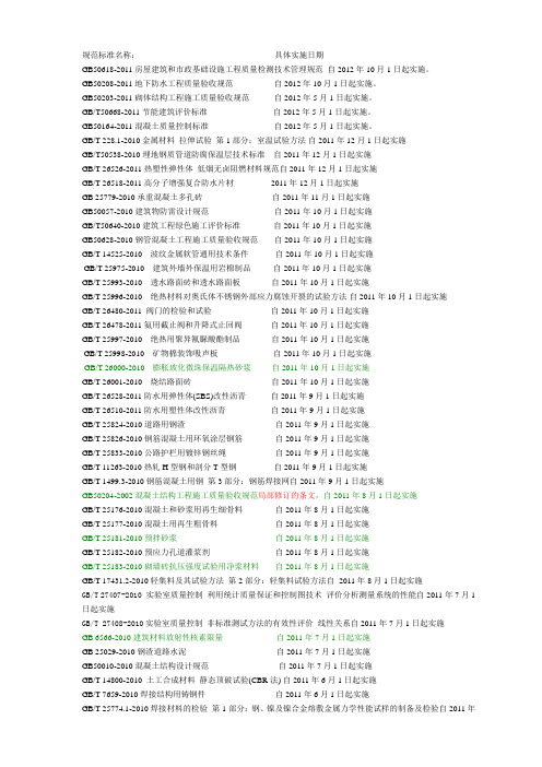最新国家标准及规范名称及实施日期
