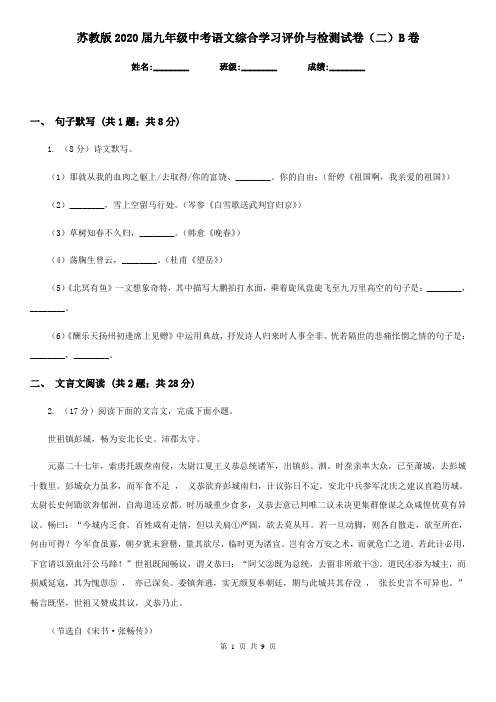 苏教版2020届九年级中考语文综合学习评价与检测试卷(二)B卷