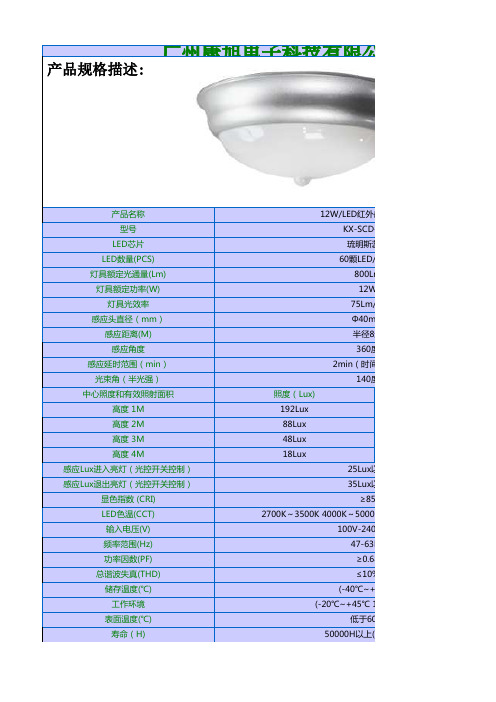 康旭红外感应吸顶灯规格书