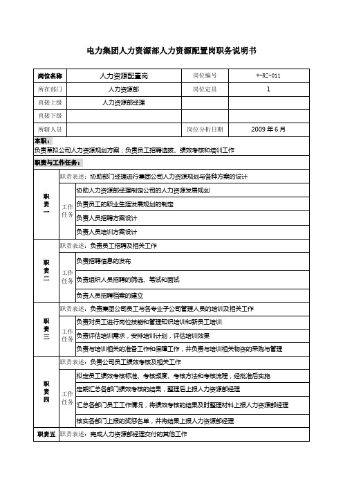 电力集团人力资源部人力资源配置岗职务说明书