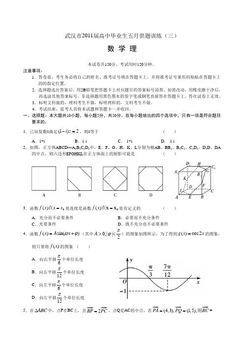 湖北省武汉市2011届高中毕业生5月供题训练(三)--数学理(有答案)