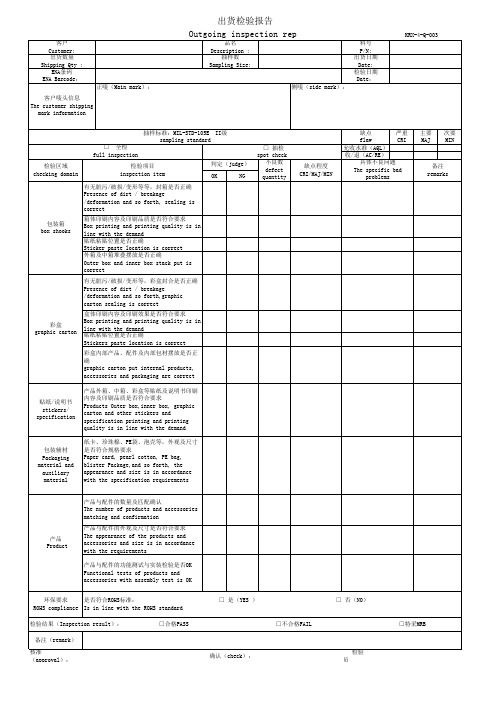 出货检验报告中英文模板