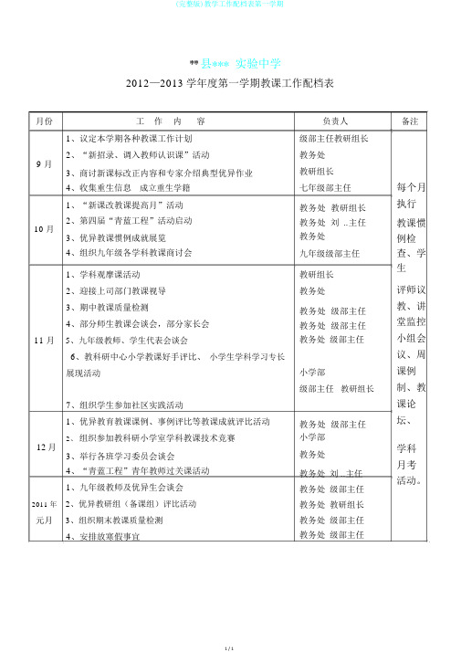 (完整版)教学工作配档表第一学期