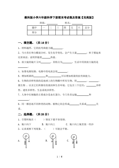 教科版小学六年级科学下册期末考试卷及答案【完美版】