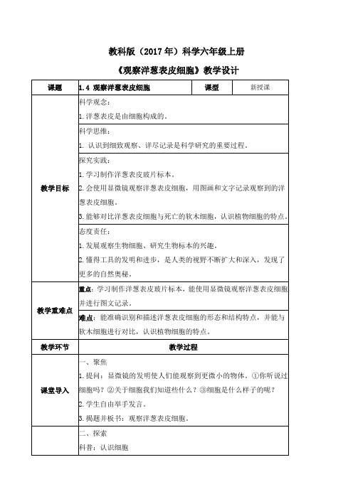 1.4 观察洋葱表皮细胞(教学设计)六年级科学上册同步精品课堂(教科版)