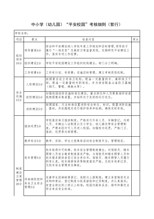 中小学(幼儿园)“平安校园”考核细则(暂行)