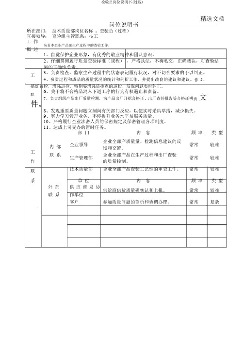 检验员岗位说明书(过程)