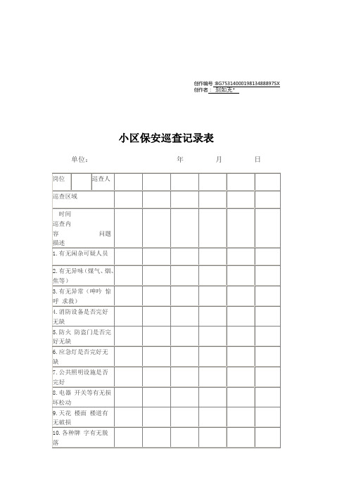 小区保安巡查记录表