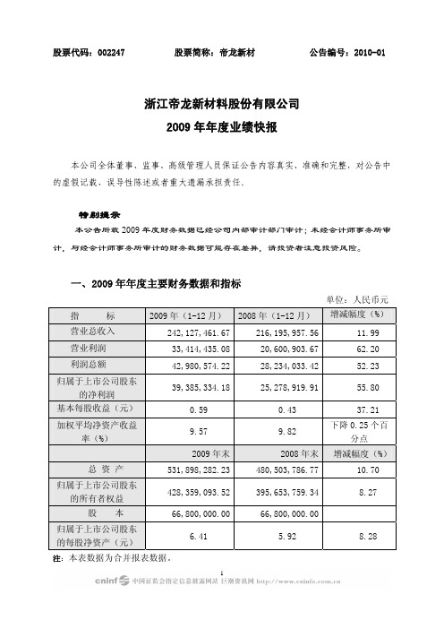 帝龙新材：2009年年度业绩快报 2010-01-26