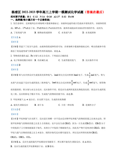 上海市杨浦区2022-2023学年高三上学期一模化学试题含解析