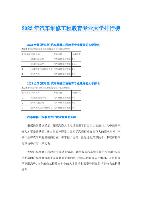 2023年汽车维修工程教育专业大学排行榜