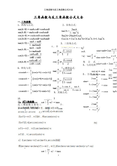 三角函数与反三角函数公式大全