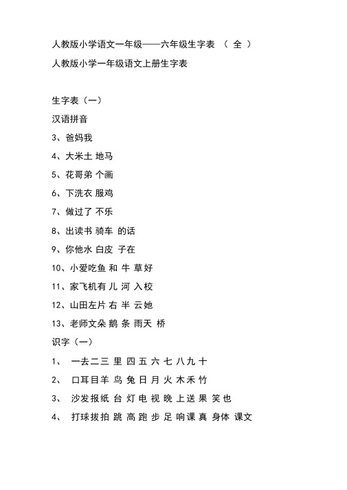 人教版小学语文1—6年级生字表(全)