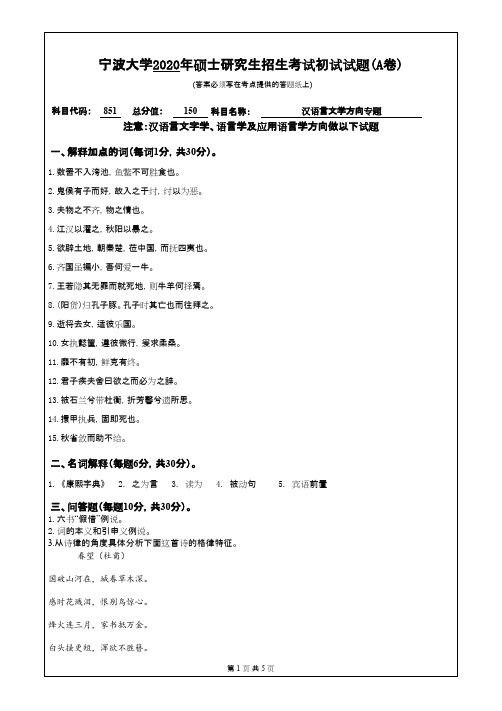 宁波大学851汉语言文学方向专题2020年考研专业课真题