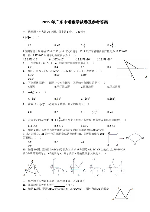 2015年广东中考数学试卷及参考答案