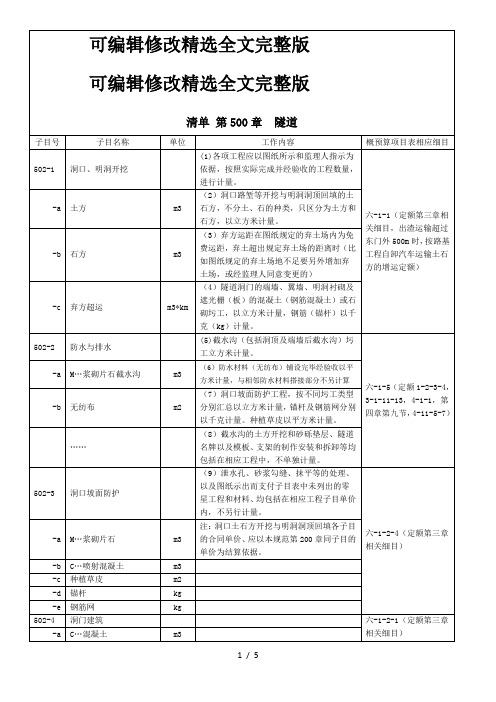 清单-第500章--隧道(工程量清单与定额对应关系)精选全文完整版