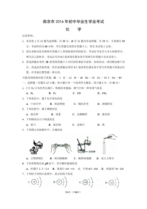 2016南京中考化学含答案解析版