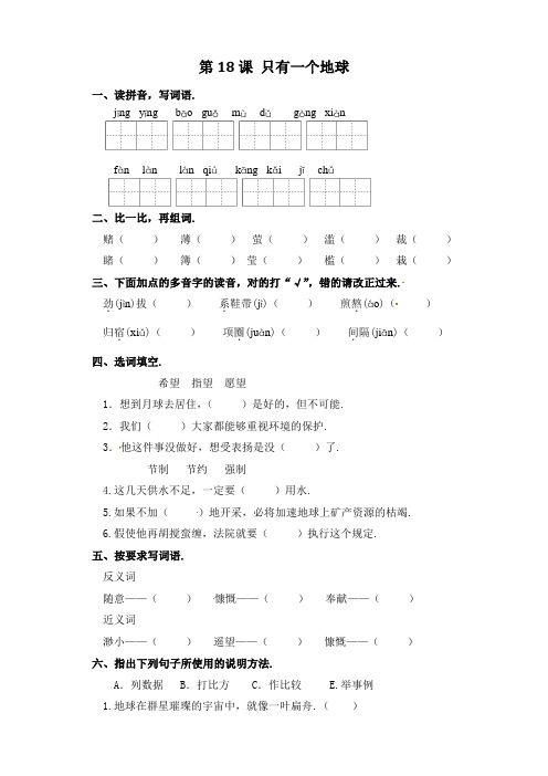 六年级上册语文一课一练-第18课 只有一个地球(含答案)