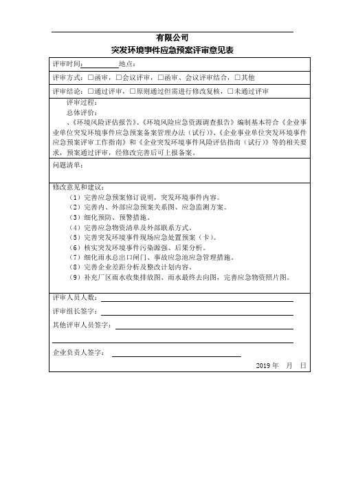 突发环境事件应急预案评审意见表