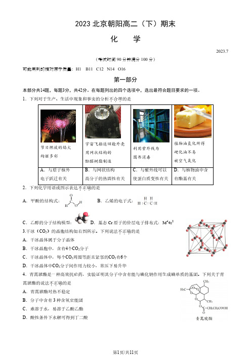 2022-2023学年北京朝阳区高二下学期期末化学试题及答案