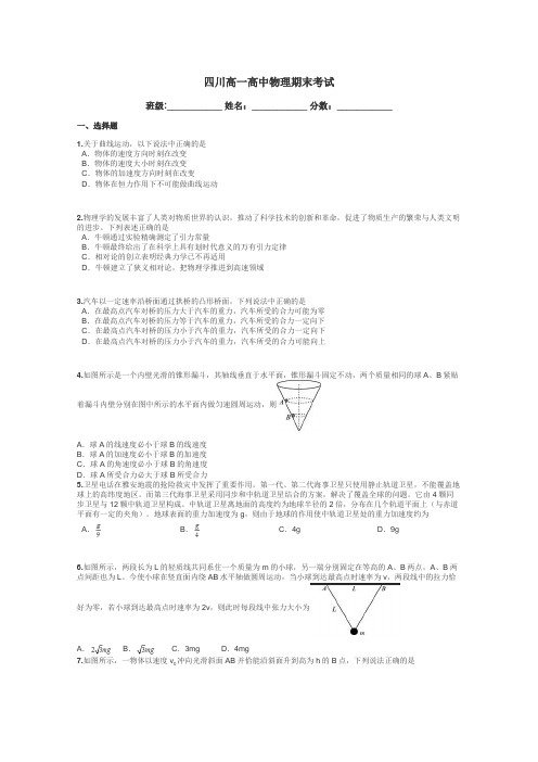 四川高一高中物理期末考试带答案解析
