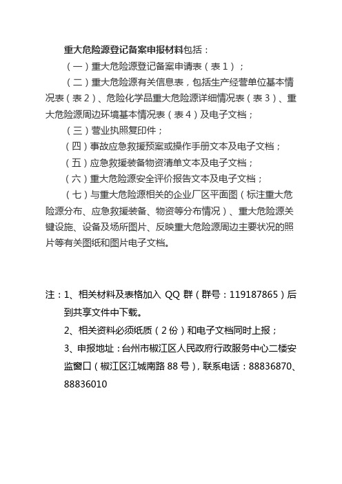 重大危险源登记备案申报材料及表格