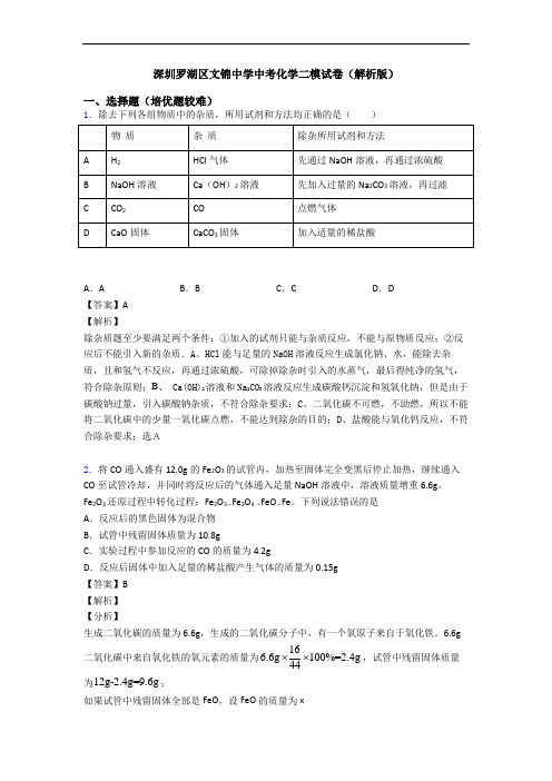 深圳罗湖区文锦中学中考化学二模试卷(解析版)